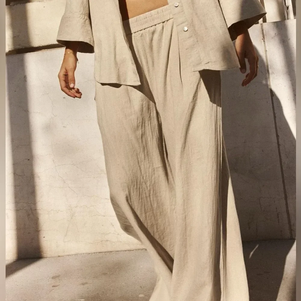ZARA LINEN BLEND WIDE LEG PANTS LIGHT BEIGE